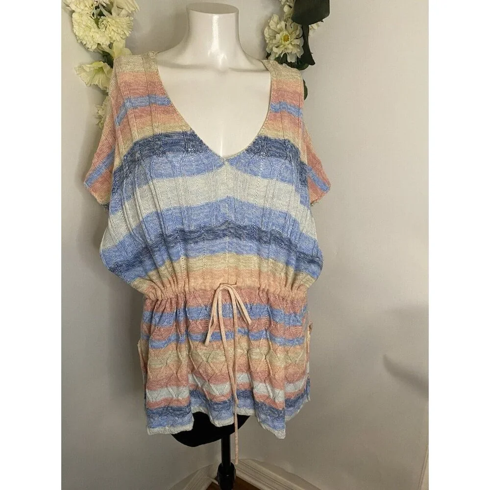 Ethyl Women's Pullover Sweater Pastel Colors Short Sleeve M Drawstring Waist New